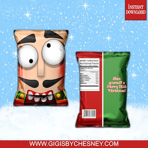 May include: Two Christmas-themed snack bags. One bag features a nutcracker face design with large eyes and a red mouth. The other bag has a red and green design with text that reads "Have yourself a Merry little Christmas!"