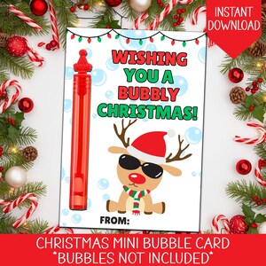 May include: A Christmas-themed mini bubble card with a red bubble wand. The card features a reindeer wearing sunglasses and a Santa hat, with the text "Wishing You a Bubbly Christmas!" and the words "Instant Download".