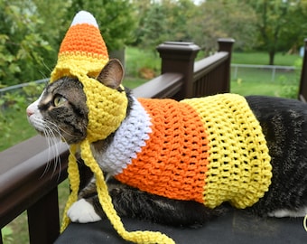 MADE TO ORDER Candy Corn Pet Sweater with option of matching hat- Candy Corn Cat- Halloween Costumes for Cats- Clothes for Cats