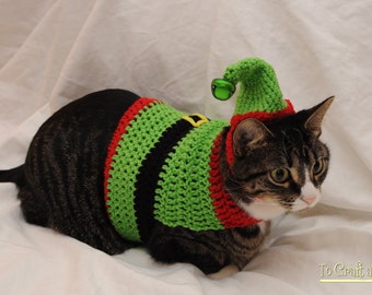 Crochet Elf Cat Sweater- Ugly Christmas Sweater for Cats- Holiday cat sweater- Clothes for cats