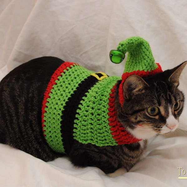 Crochet Elf Cat Sweater- Ugly Christmas Sweater for Cats- Holiday cat sweater- Clothes for cats