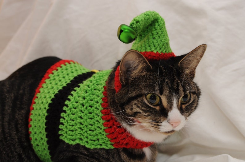 Crochet Elf Cat Sweater Ugly Christmas Sweater for Cats Holiday cat sweater Clothes for cats image 5