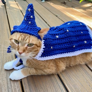May include: A ginger cat wearing a handmade blue crochet wizard hat and cape with white trim and star accents. The cat is lying down on a wooden surface, looking at the camera.