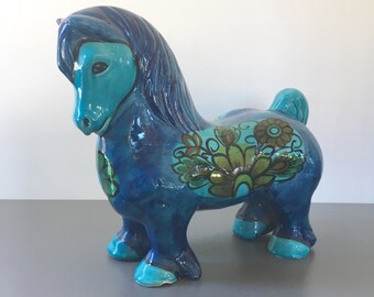 vintage blue ceramic horse Italy Alvino Bagni hand painted