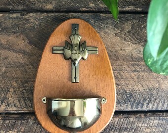vintage holy water font Benetier wood and brass Goldscheider Germany