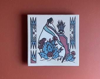 vintage Gale Tuoti tile trivet southwestern glazed terra cotta pink aqua