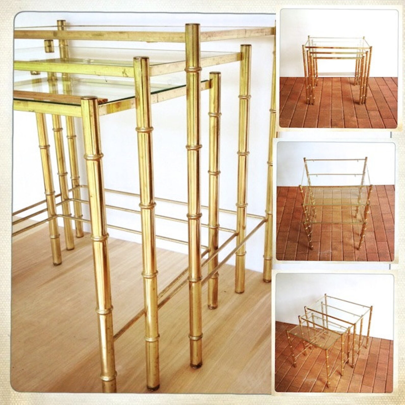 Vintage brass faux bamboo nesting tables gold glass top Etsy