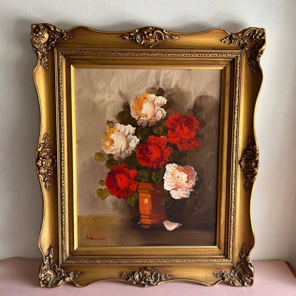 vintage large Assorted Rose oil painting ornate gold framed