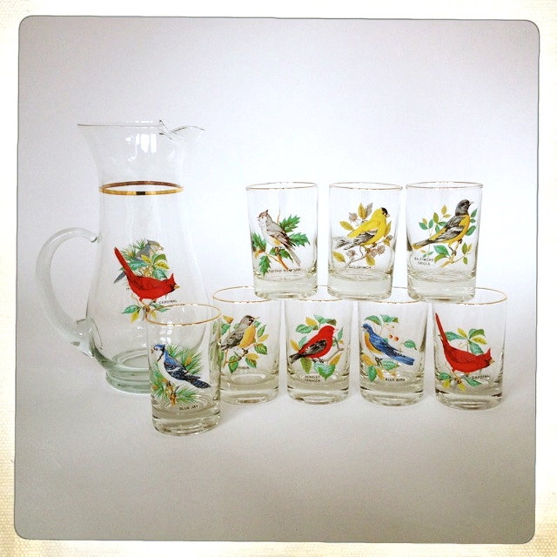 Vintage gold rimmed glass pitcher set birds blue jay scarlet Etsy