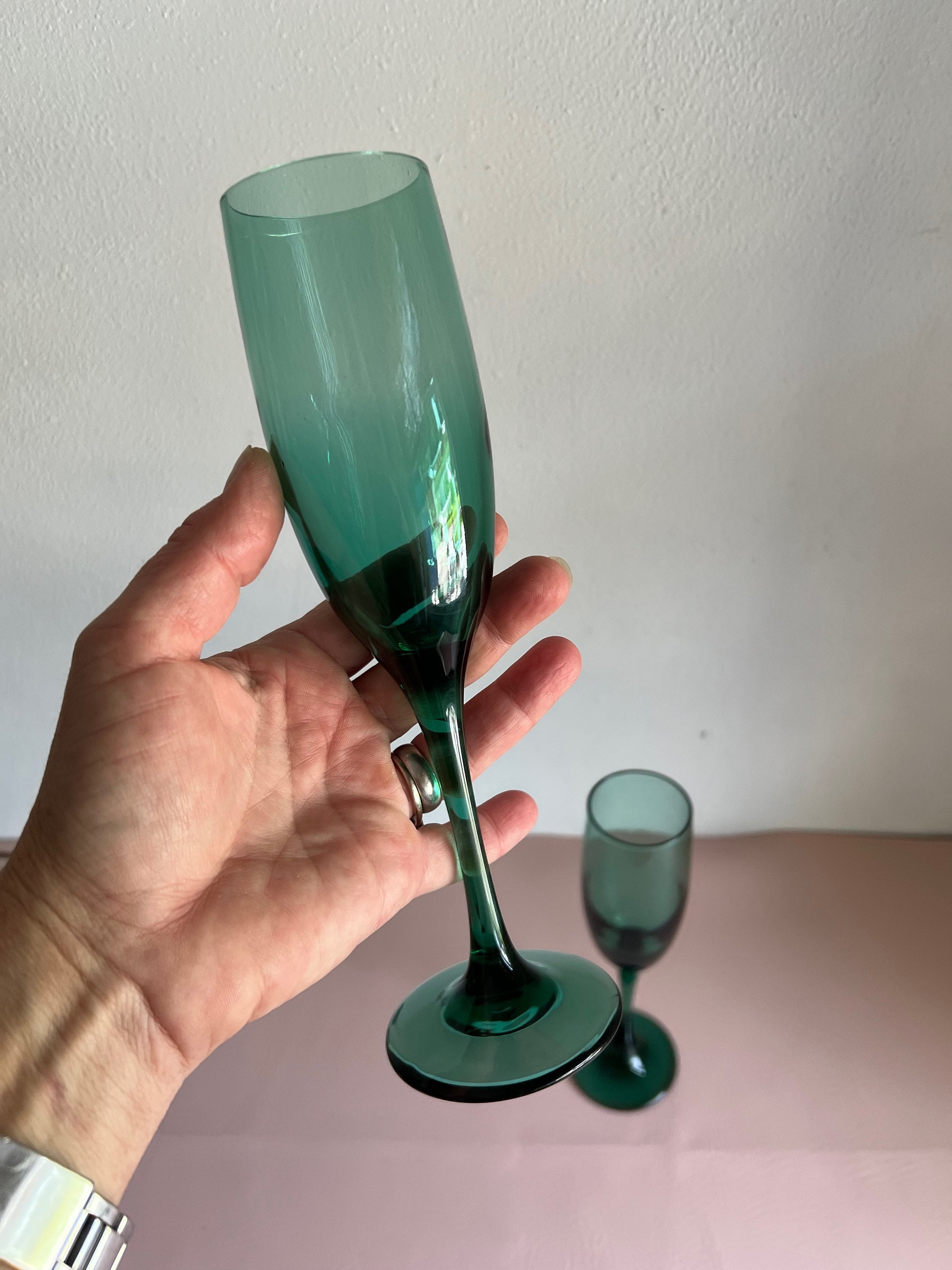 Vintage Libbey Premiere Dark Green Champagne Flutes Set of 8 