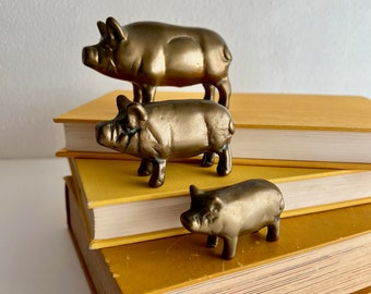 vintage set of 3 brass pig figurines pig family