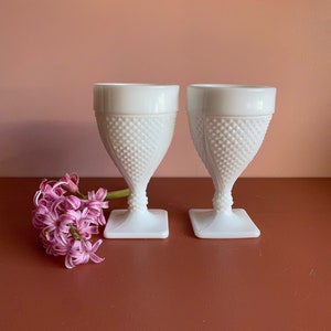 vintage Westmoreland milk glass goblets english hobnail diamond point pair of 2