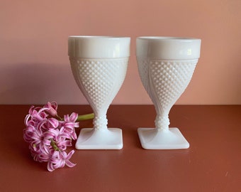 vintage Westmoreland milk glass goblets english hobnail diamond point pair of 2