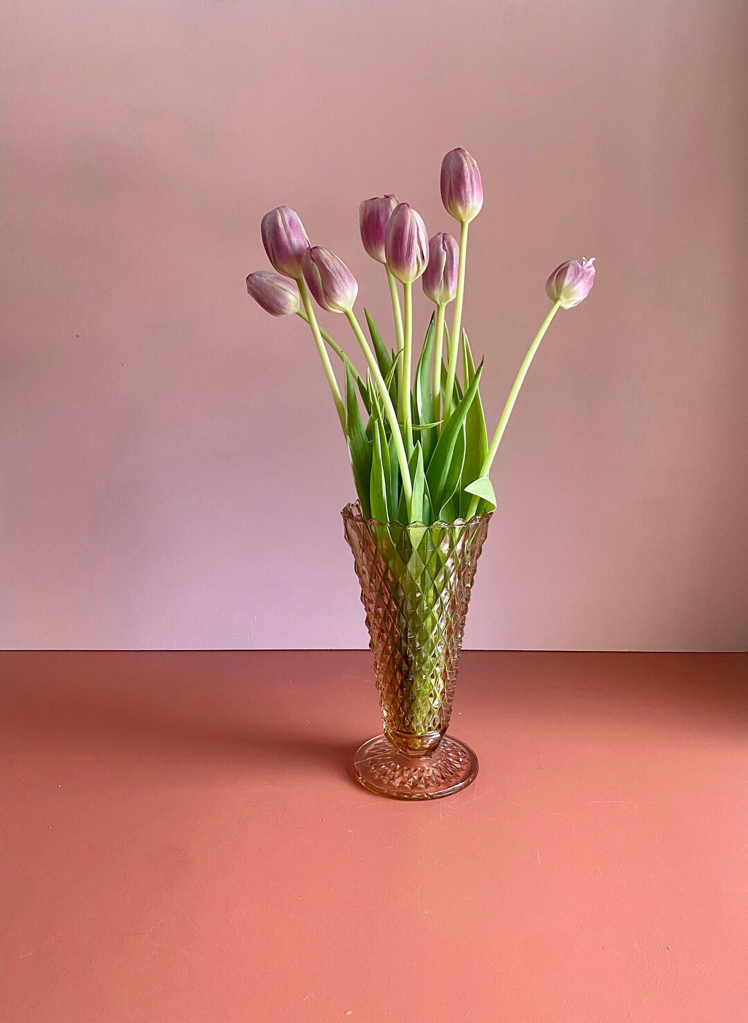 Vintage Pale Pink Glass Vase Indiana Diamond Point Pressed Glass Etsy