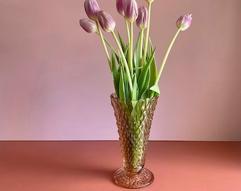 vintage pale pink glass vase Indiana Diamond Point pressed glass