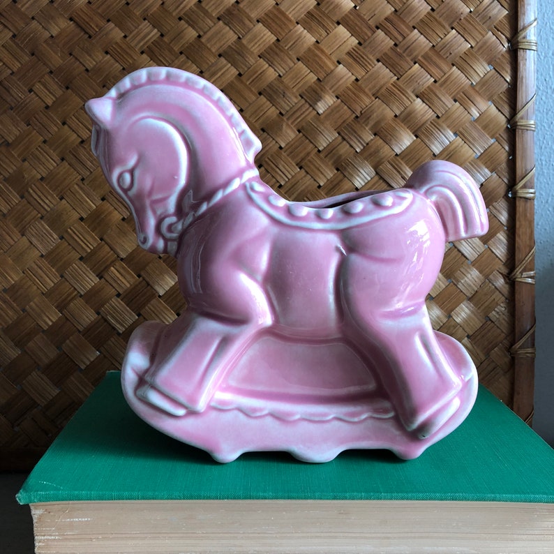 Vintage pink rocking horse planter ceramic nursery pink room Etsy