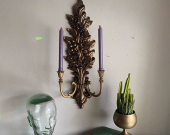 vintage 60s large Syroco gold candle wall sconce hollywood regency glam