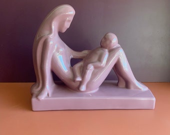 vintage rose pink Haeger woman and child sculpture glossy 1990