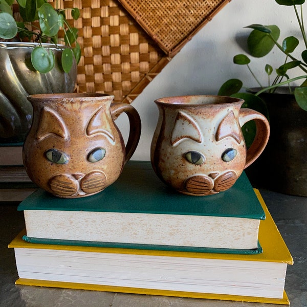 vintage estudio cerámica cat tazas 2 cara de gatito de gres disponible