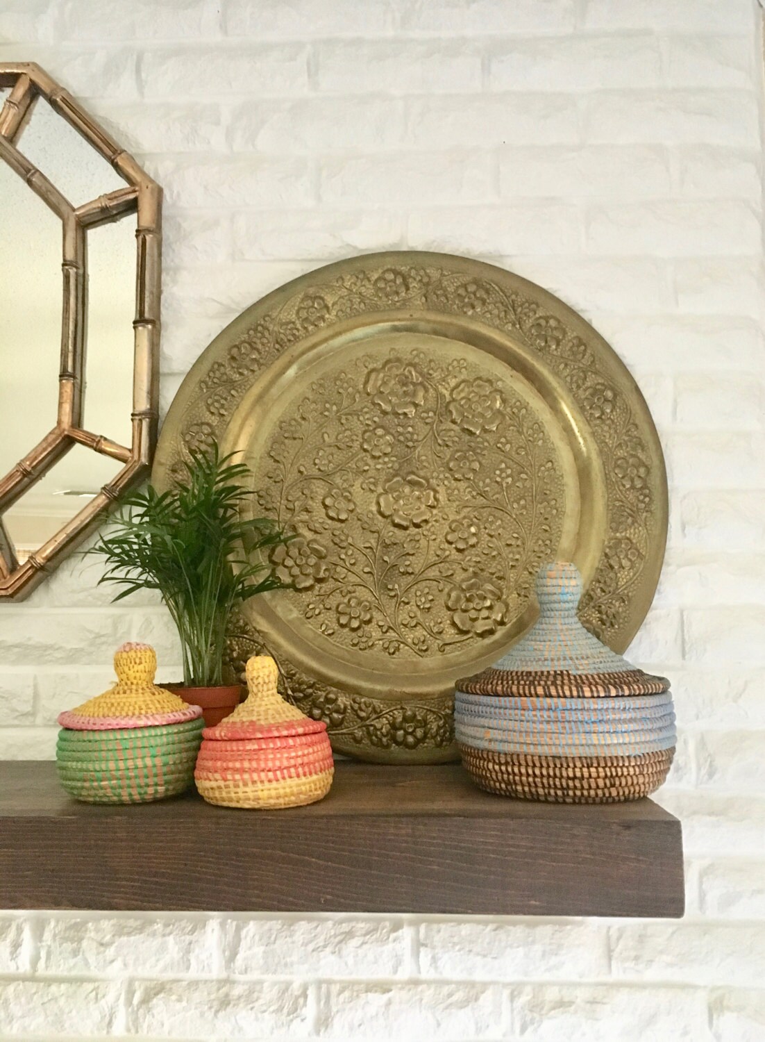 vintage large round brass wall tray flowers relief boho wall Etsy