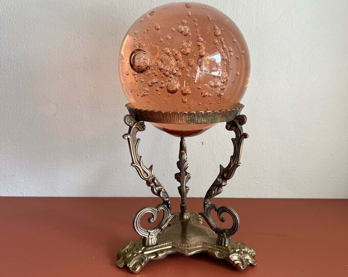Vintage Large Brass Sphere Stand Orb Holder Pillar Candle Holder Plant