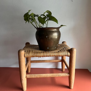May include: A small wooden stool with a woven wicker seat, topped with a brass planter holding a green houseplant.