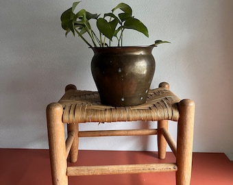 vintage palm frond woven small footstool aged weathered