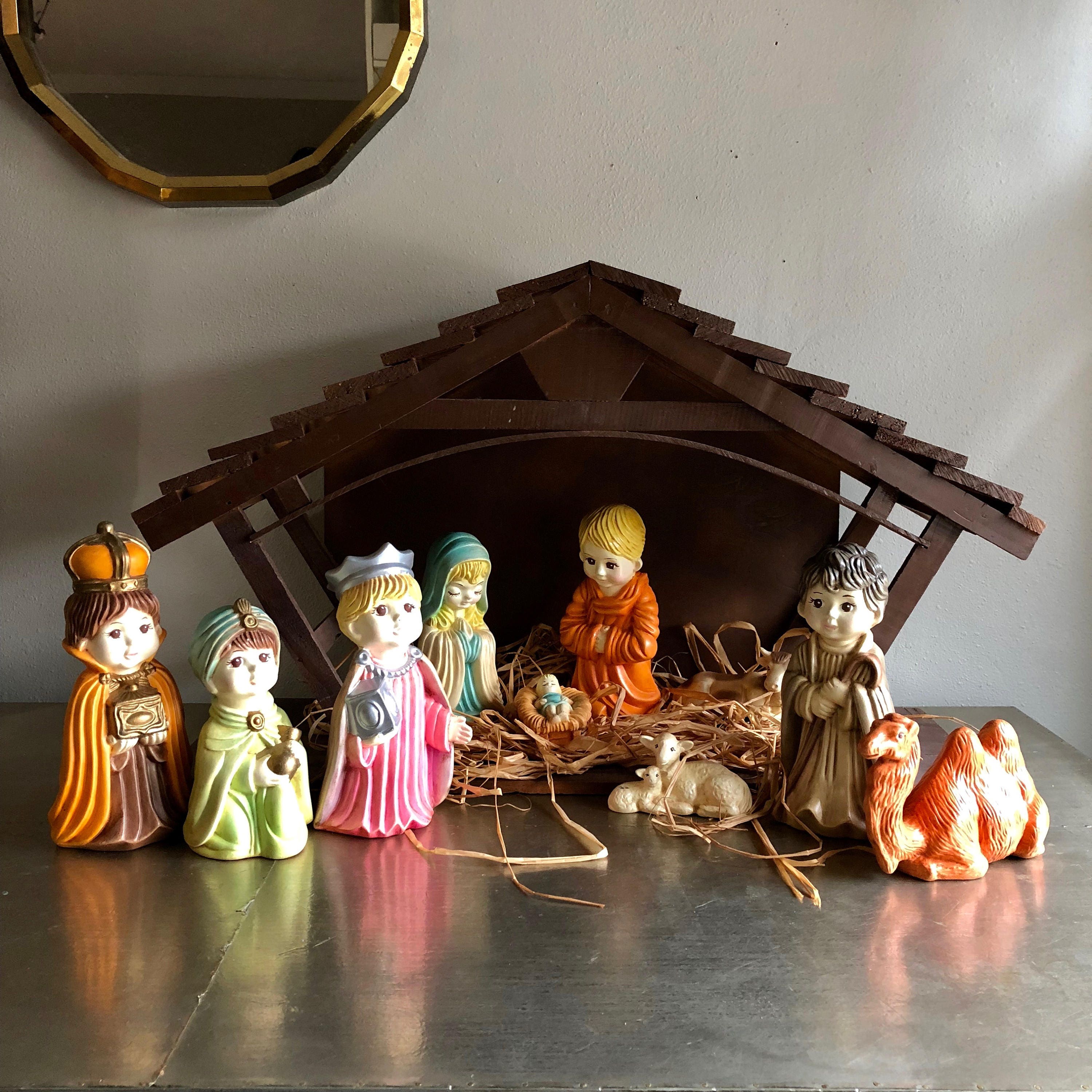 vintage large ceramic Nativity scene with wood manger Arnels Etsy