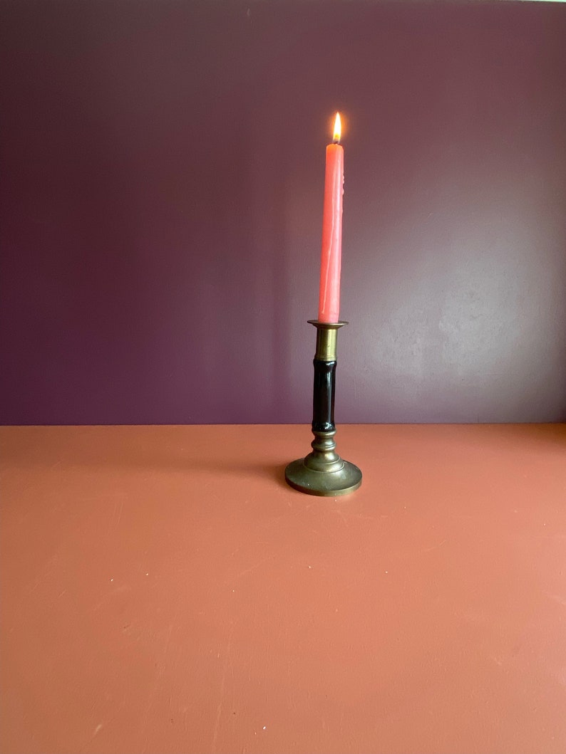 vintage single black porcelain and brass candlestick image 2