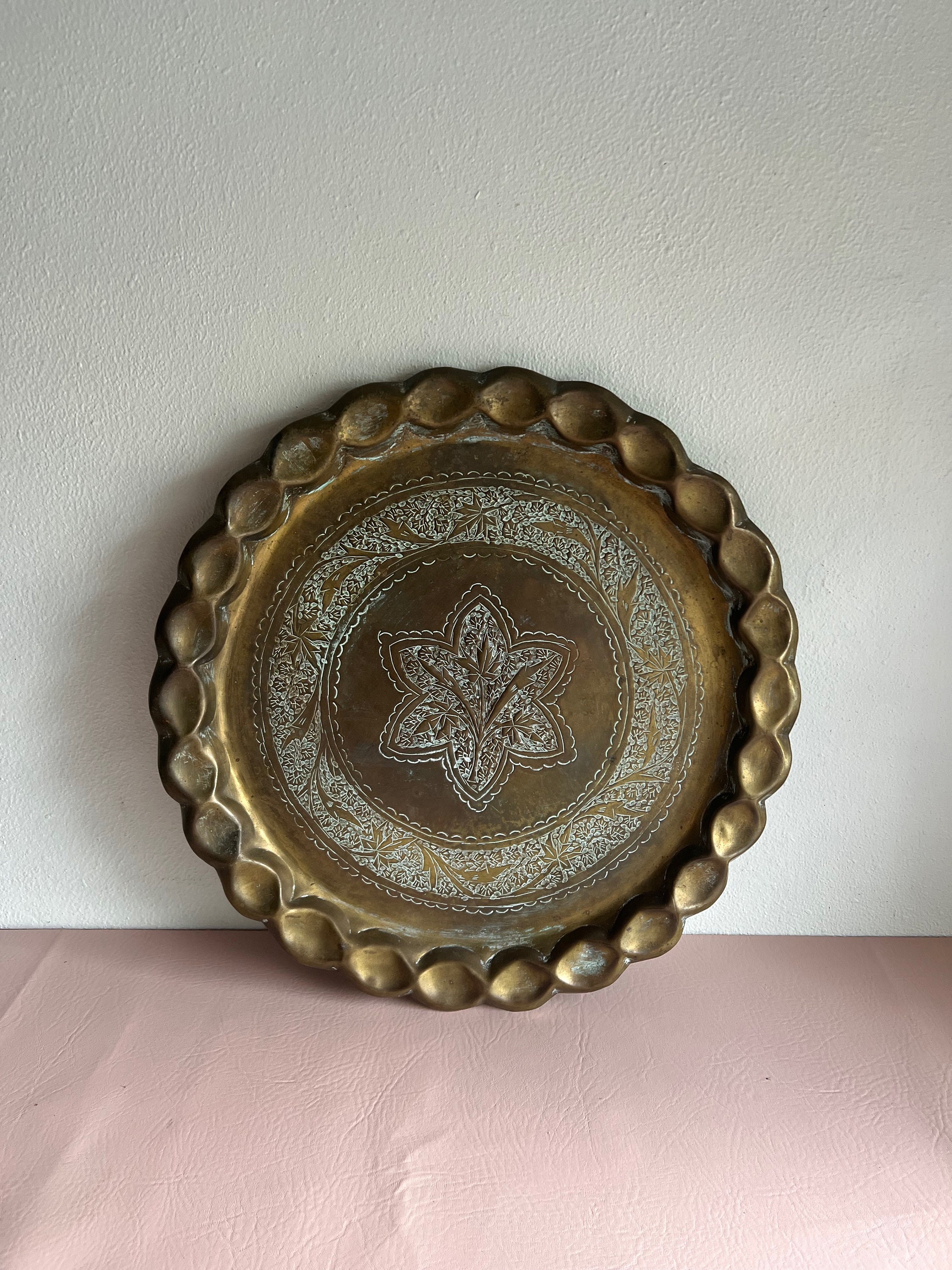 Vintage Brass Tray Wall Hanging Incised Design Pie Crust Edges 