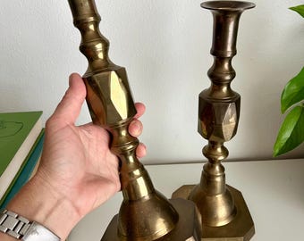 vintage tall brass candlestick pair of 2 centerpiece wedding decor 12in faceted