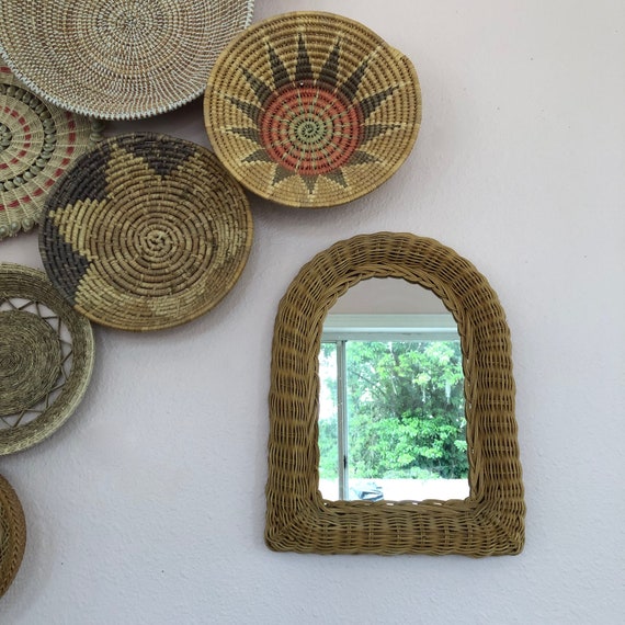 Vintage Small Arched Wicker Mirror Natural Boho Decor