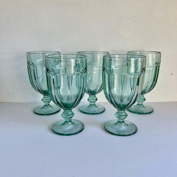 vintage pale aqua blue Libbey Duratuff glass goblets Gibraltar stemmed glassware set of 5