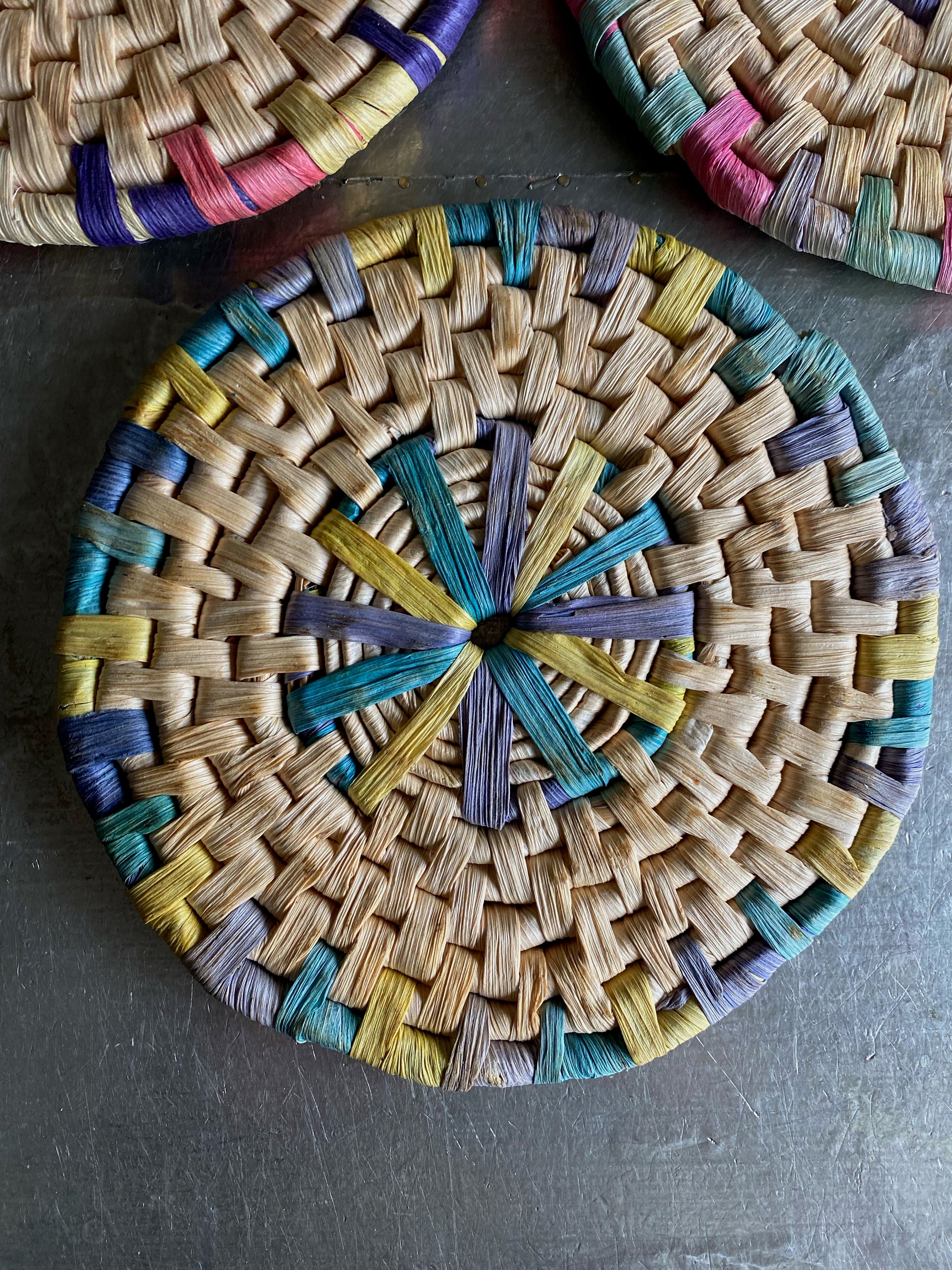 Vintage raffia trivets set of 3 round colorful circles hotpads Etsy