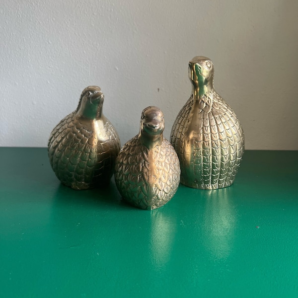 vintage brass partridge trio family of 3 quail bird figurines