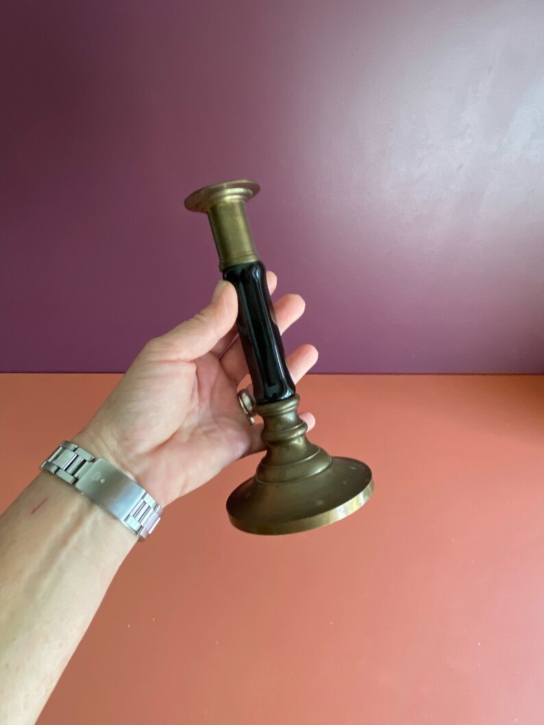 vintage single black porcelain and brass candlestick image 6