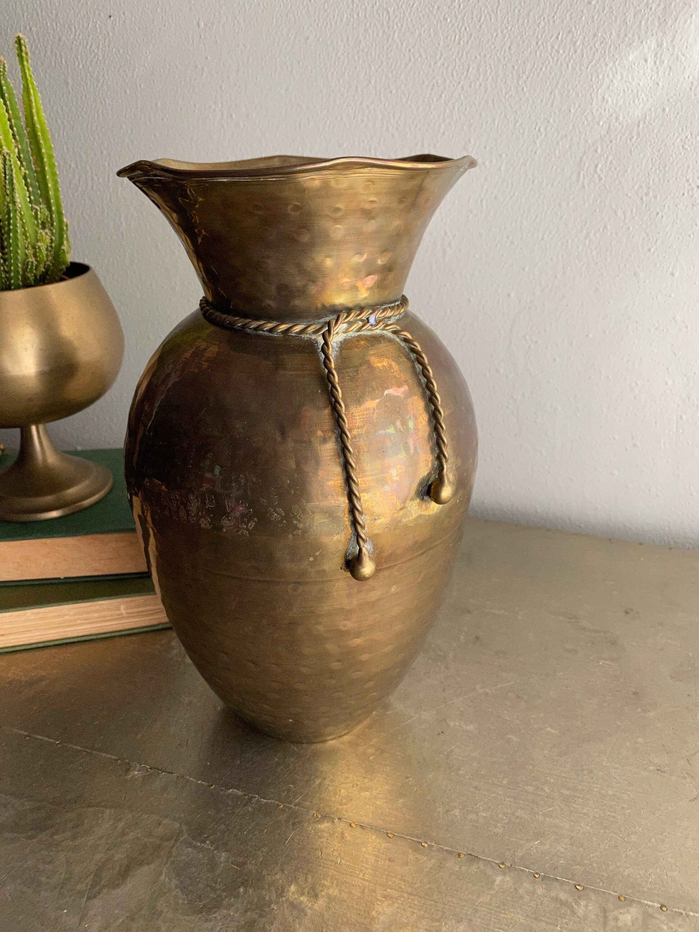 Vintage Tall Hammered Brass Vase Planter 80s Glam Rope Etsy UK