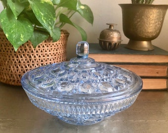 vintage blue cane glass lidded candy dish Federal Windsor cane and button