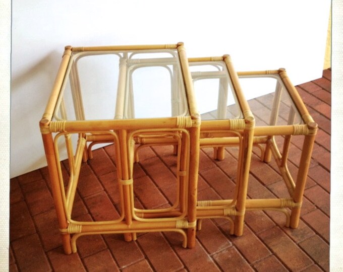 Vintage Rattan Nesting Tables Glass Top Set of 3 Etsy