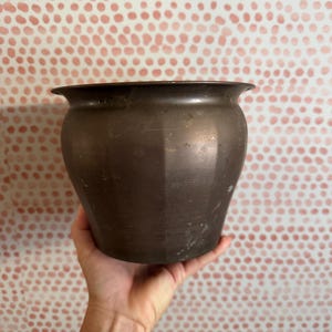 May include: A bronze-colored metal planter with a wide, slightly flared rim. The pot has a rounded body and sits in a hand. The background is a pink and white polka dot pattern.