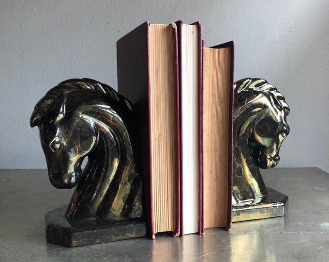 Vintage Ceramic Horse Head Bookends Black and Gold Deco Glam Etsy