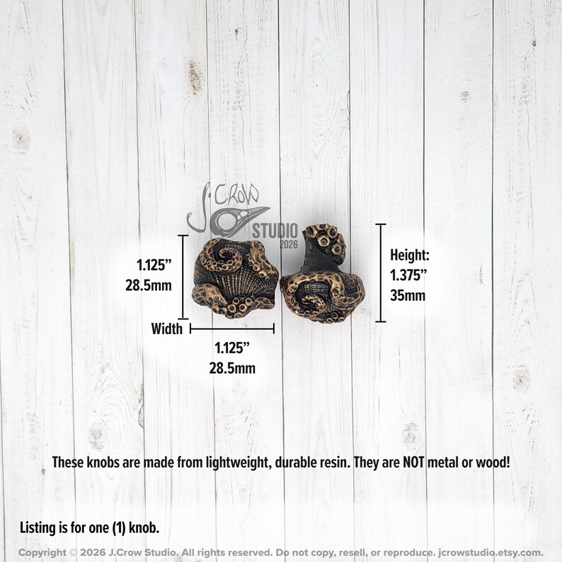 May include: Two dark brown resin cabinet knobs featuring a textured octopus tentacle design. The knobs measure 1.125 inches in width and 1.375 inches in height. The text J.Crow Studio 2026 is visible, along with notes stating they are made of resin.