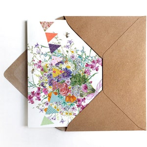 Sommerblumen Glückwunschkarte Grußkarte  Blumen Illustration Geburtstagskarte Blumenstrauß Zeichnung Wimpelkette Sommer