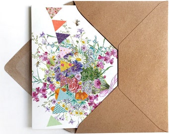 3x Greeting Card Summer Flowers Greeting Card Flowers Illustration Birthday Card Bouquet Drawing Pennant Necklace Summer