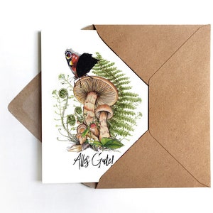 Pilze mit Farn und Schmetterling Grußkarte Glückwunschkarte Geburtstagskarte botanische Zeichnung Illustration