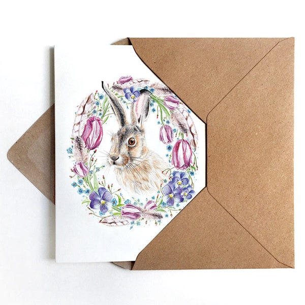 3 x Greeting Card Bunny Easter Card Easter Congratulations Card Bunny Easter Bunny Illustration Flower Wreath