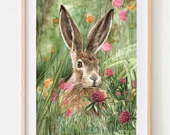 Lièvre dans le pré tirage d’art, illustration d’impression giclée Janine Sommer illustration nature, botanique, pré, lapin de Pâques, lièvre des champs