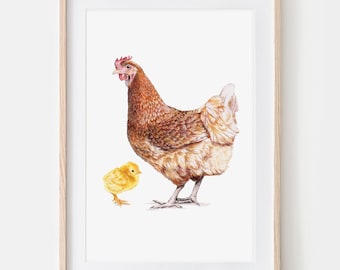 Brown Chicken With Chick Portrait Drawing Fine Art Print, Giclée Print, Illustration Poster Janine Sommer Animal Drawing Chicken Drawing