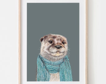 Loutre Portrait Dessin Fine Art Print, Giclée Print Illustration Affiche Janine Sommer Animal Drawing