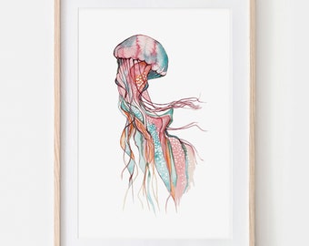 Jellyfish Watercolor Portrait Drawing Fine Art Print, Giclée Print Illustration Poster Janine Sommer Animal Drawing Sea Creatures